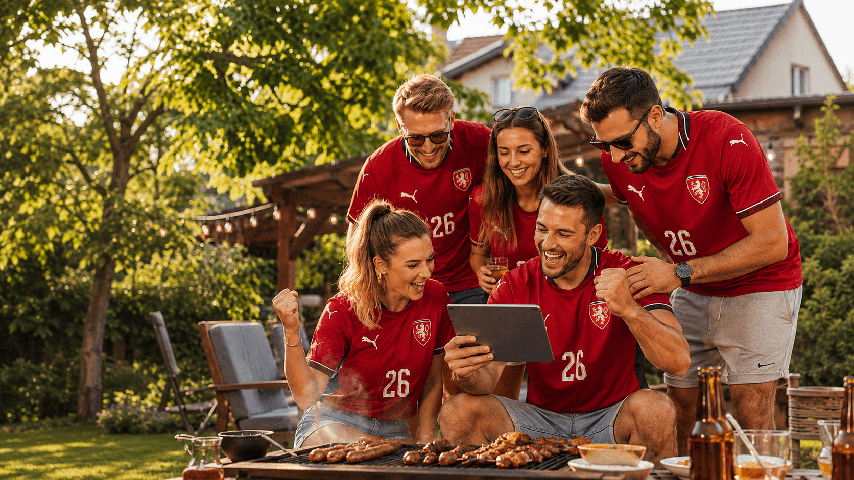 Fanoušci v českých dresech sledují fotbal na tabletu